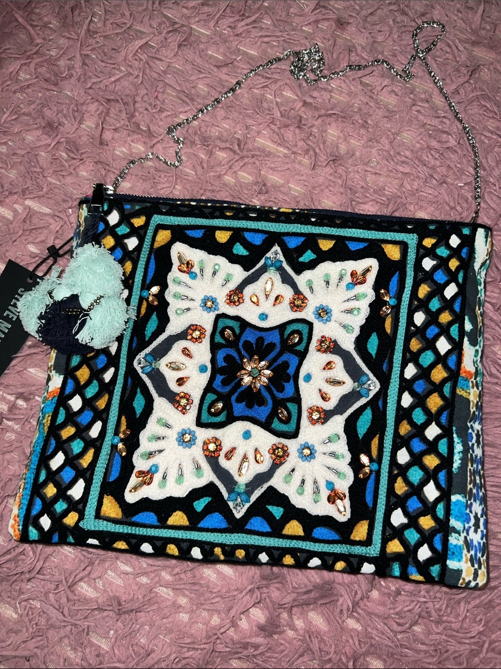Steve Madden Embellished Black, White & Teal Mosaic Cosmetic Clutch